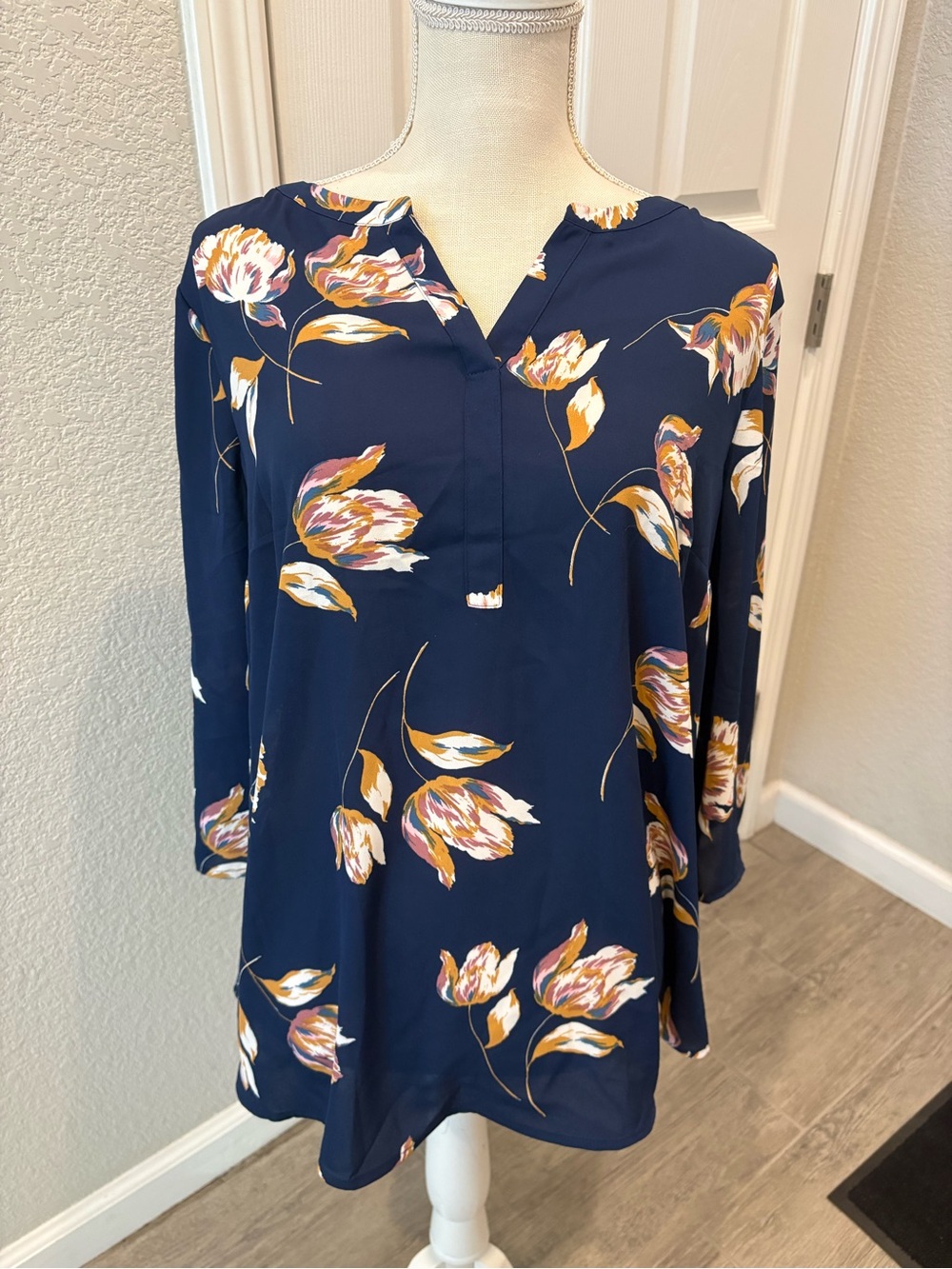 Daniel Rainn Navy Floral Split-Neck Blouse